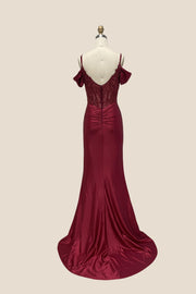 Cold Shoulder Burgundy Beaded Ruched Long Dress