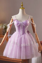 Cold Shoulder Lilac Sparkle Tulle Short Dress