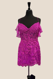 Cold Shoulder Magenta Lace Appliques Short Dress