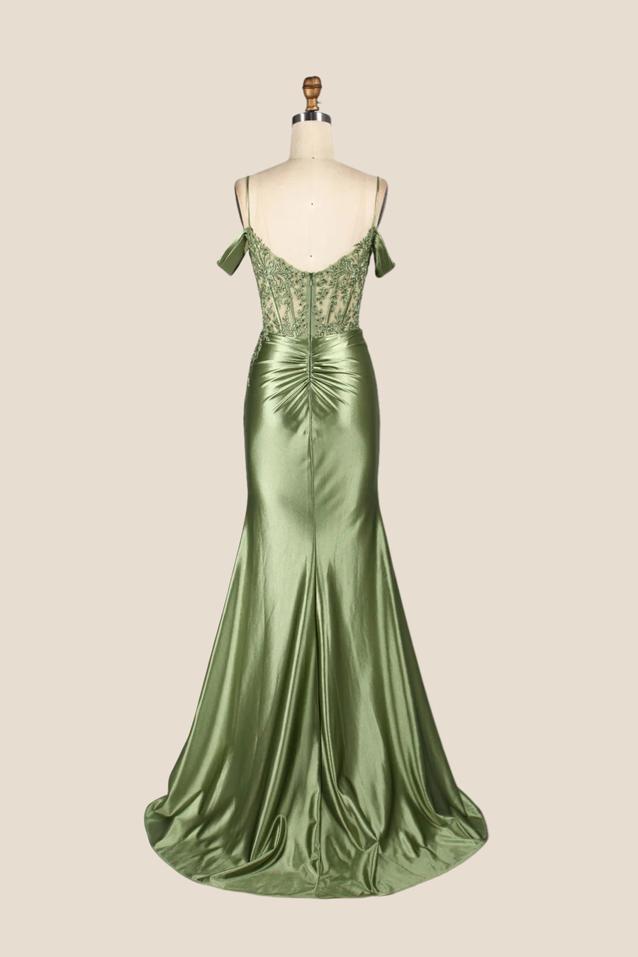 Cold Shoulder Sage Appliques Long Dress with Slit