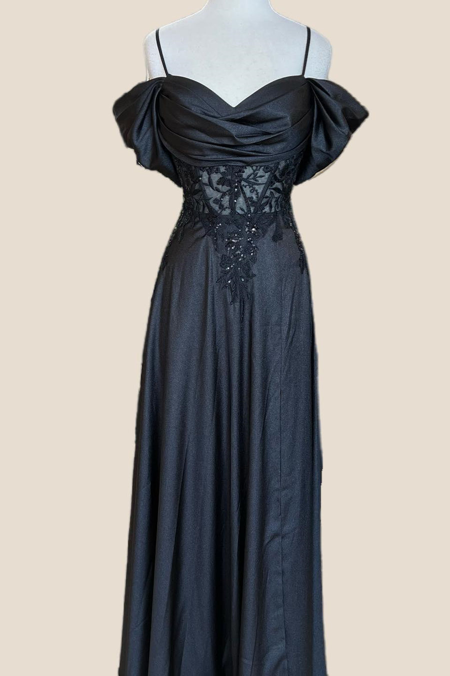 Cowl Neck Black Appliques Long Dress with Slit