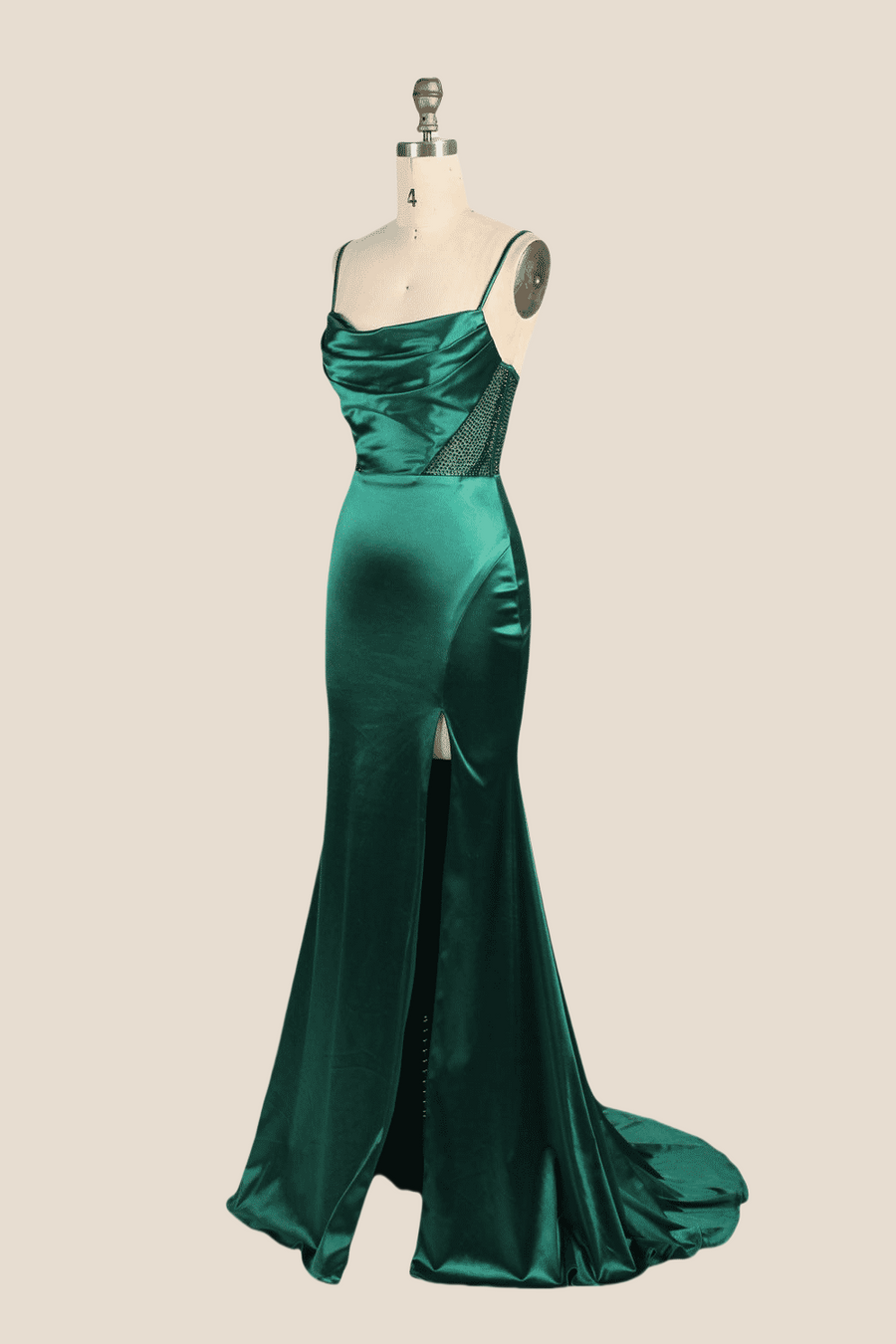 Cowl Neck Emerald Green Beaded Long Dress