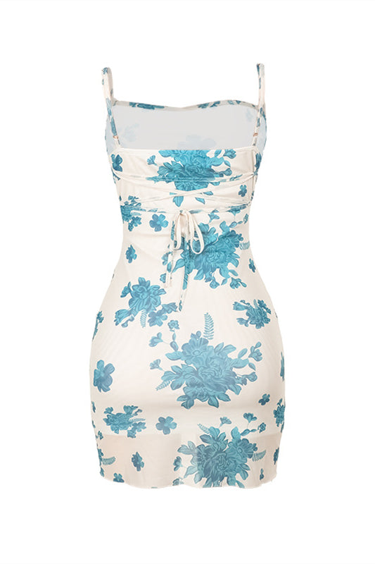 Cowl Neck Floral Print Tulle Short Dress