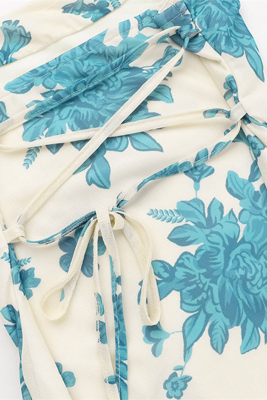 Cowl Neck Floral Print Tulle Short Dress