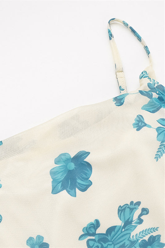 Cowl Neck Floral Print Tulle Short Dress