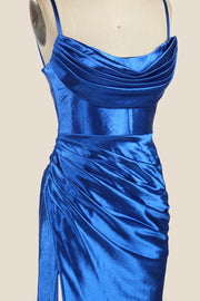 Cowl Neck Royal Blue Ruched Mermaid Long Dress