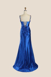 Cowl Neck Royal Blue Ruched Mermaid Long Dress