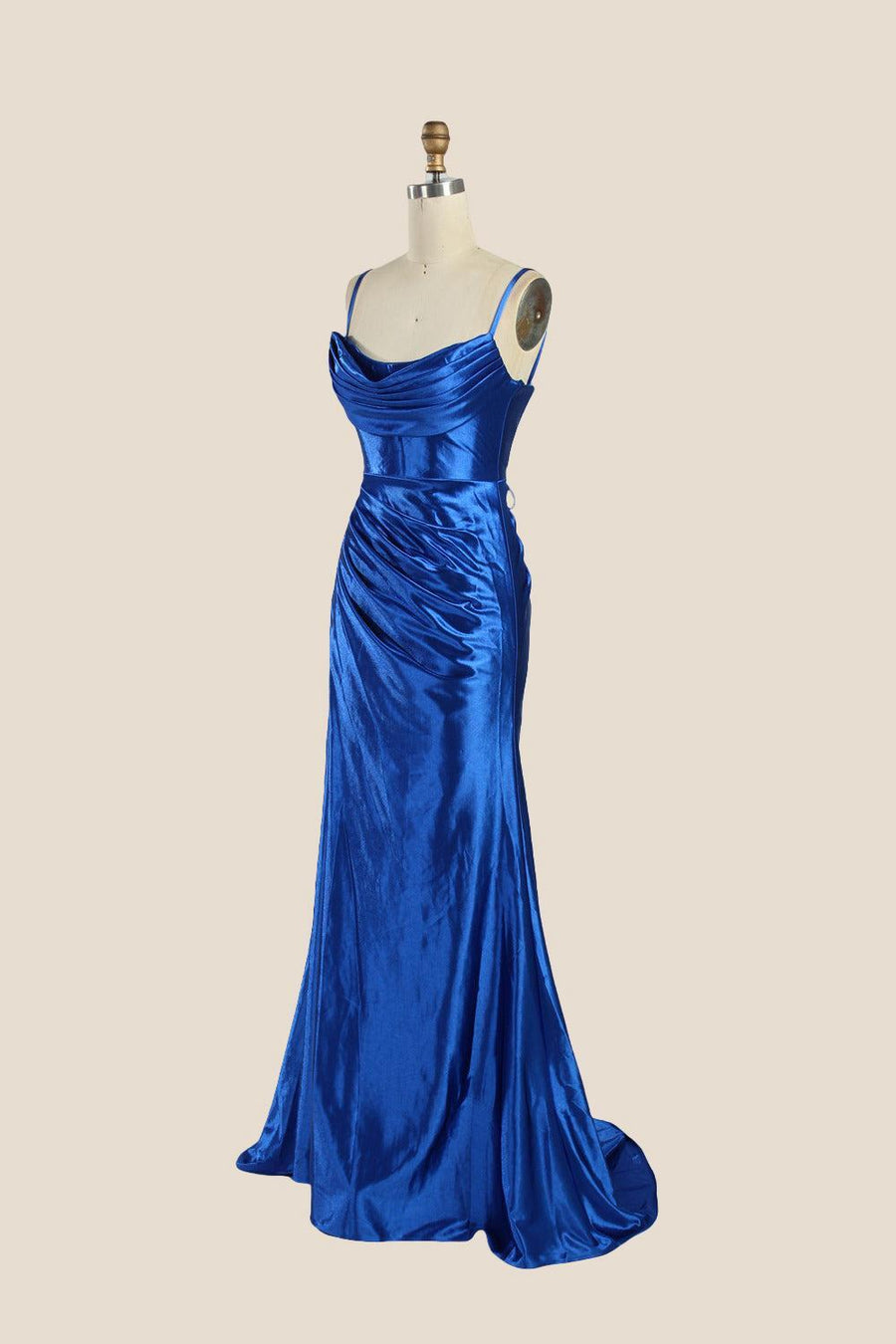 Cowl Neck Royal Blue Ruched Mermaid Long Dress