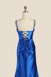 Cowl Neck Royal Blue Ruched Mermaid Long Dress