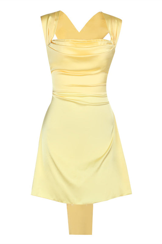 Cowl Neck Yellow Back Bow Short Dress