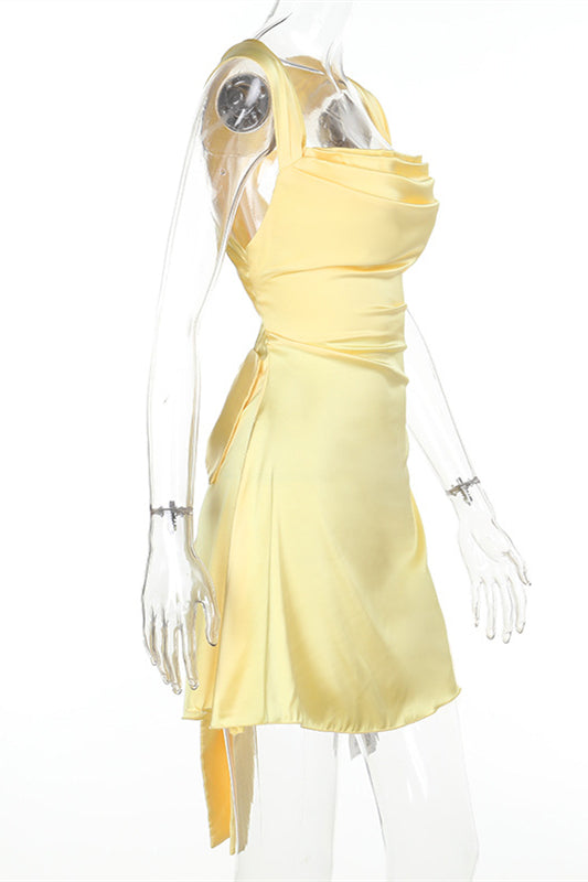 Cowl Neck Yellow Back Bow Short Dress