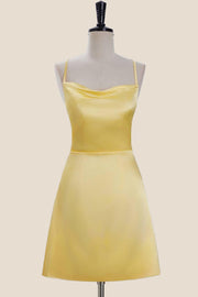 Cowl Neck Yellow Satin A-line Short Dress