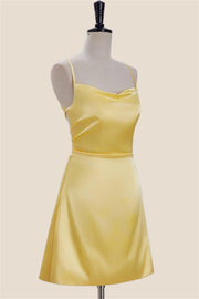 Cowl Neck Yellow Satin A-line Short Dress