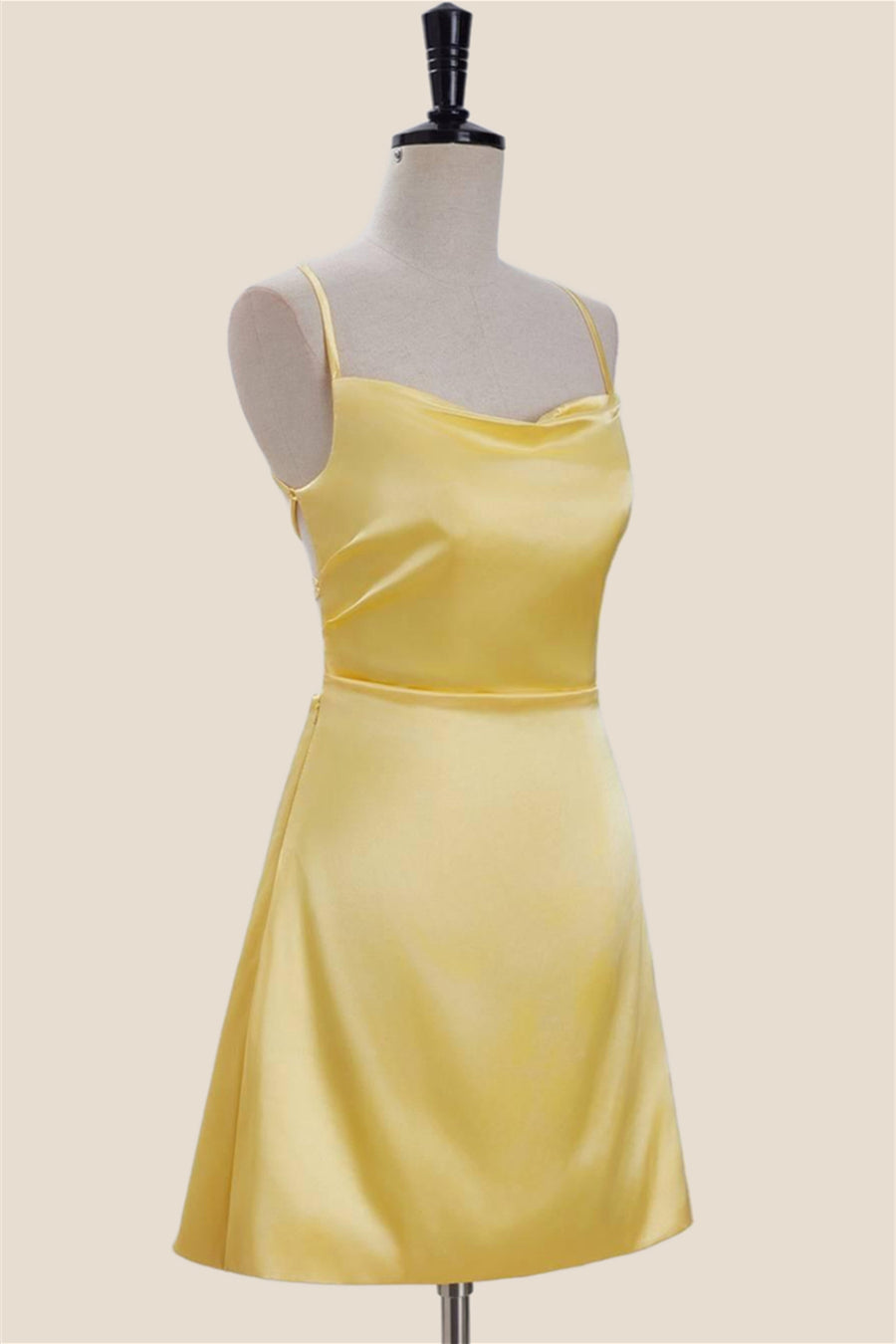 Cowl Neck Yellow Satin A-line Short Dress