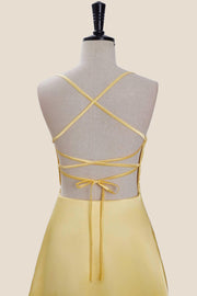 Cowl Neck Yellow Satin A-line Short Dress