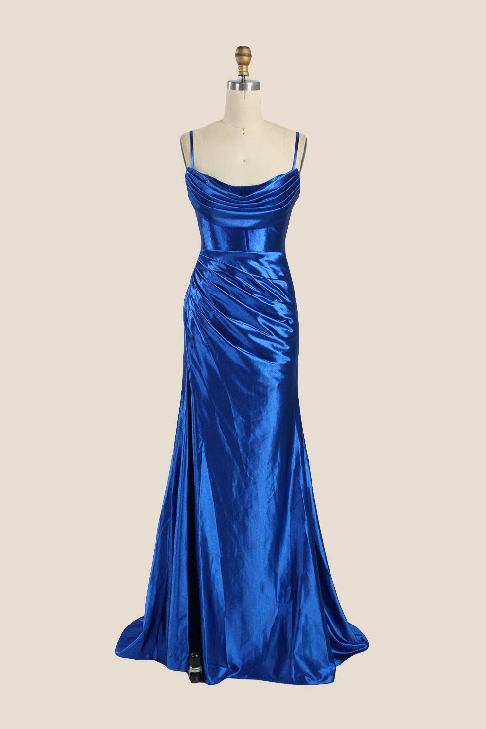 Cowl Neck Royal Blue Ruched Satin Long Dress Ohmollydress Cowl Neck Royal Blue Ruched Satin Long Dress Ohmollydress