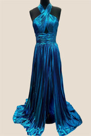 Cross Halter Blue Pleated Long Party Dress