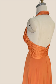 Cross Halter Orange Satin Long Party Dress