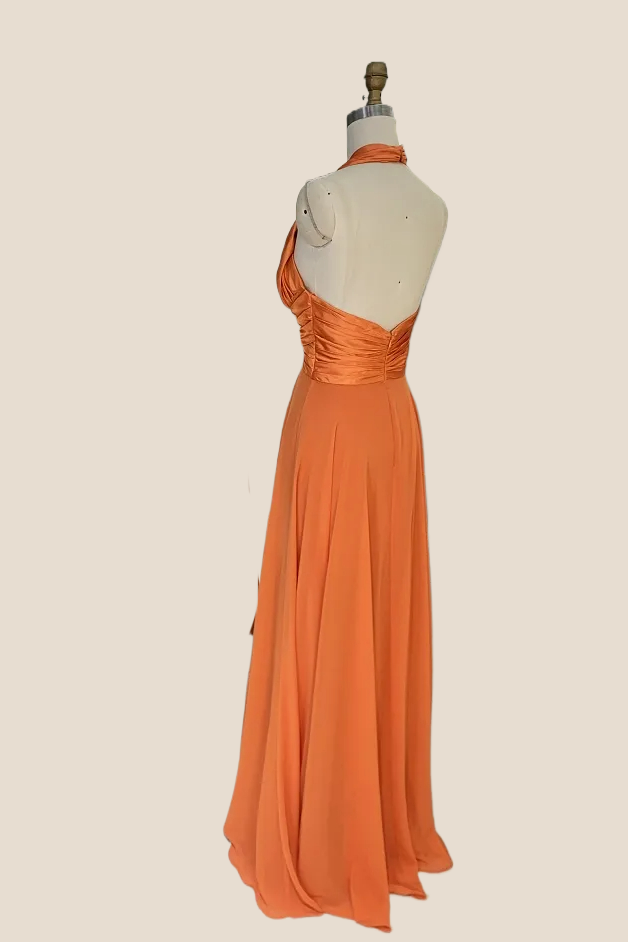 Cross Halter Orange Satin Long Party Dress