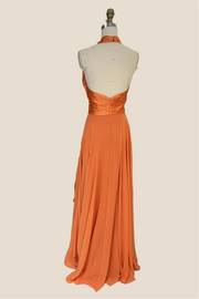 Cross Halter Orange Satin Long Party Dress