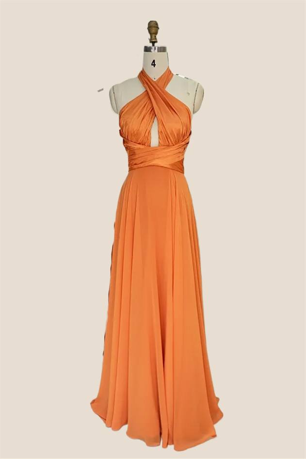 Cross Halter Orange Satin Long Party Dress