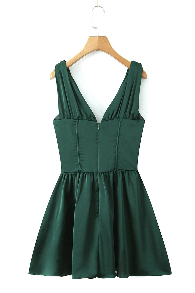 Dark Green V Neck Empire Short Dress