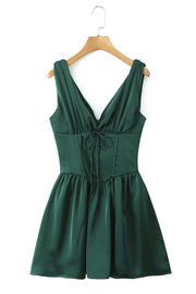Dark Green V Neck Empire Short Dress