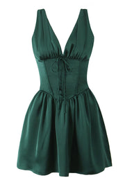 Dark Green V Neck Empire Short Dress