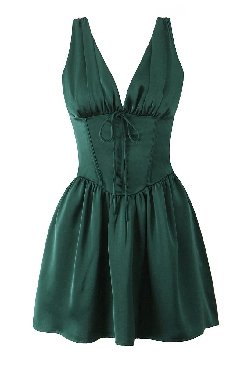 Dark Green V Neck Empire Short Dress