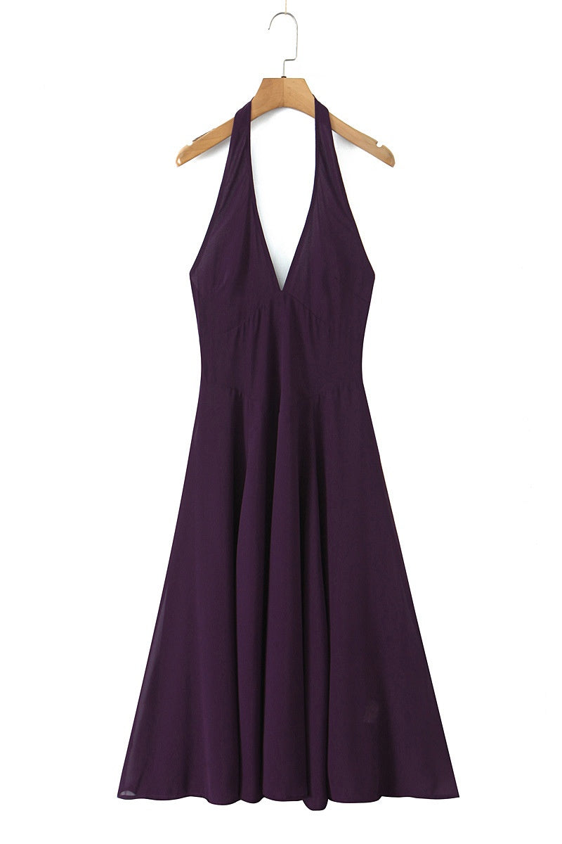 Halter V-neck Purple Long Dress