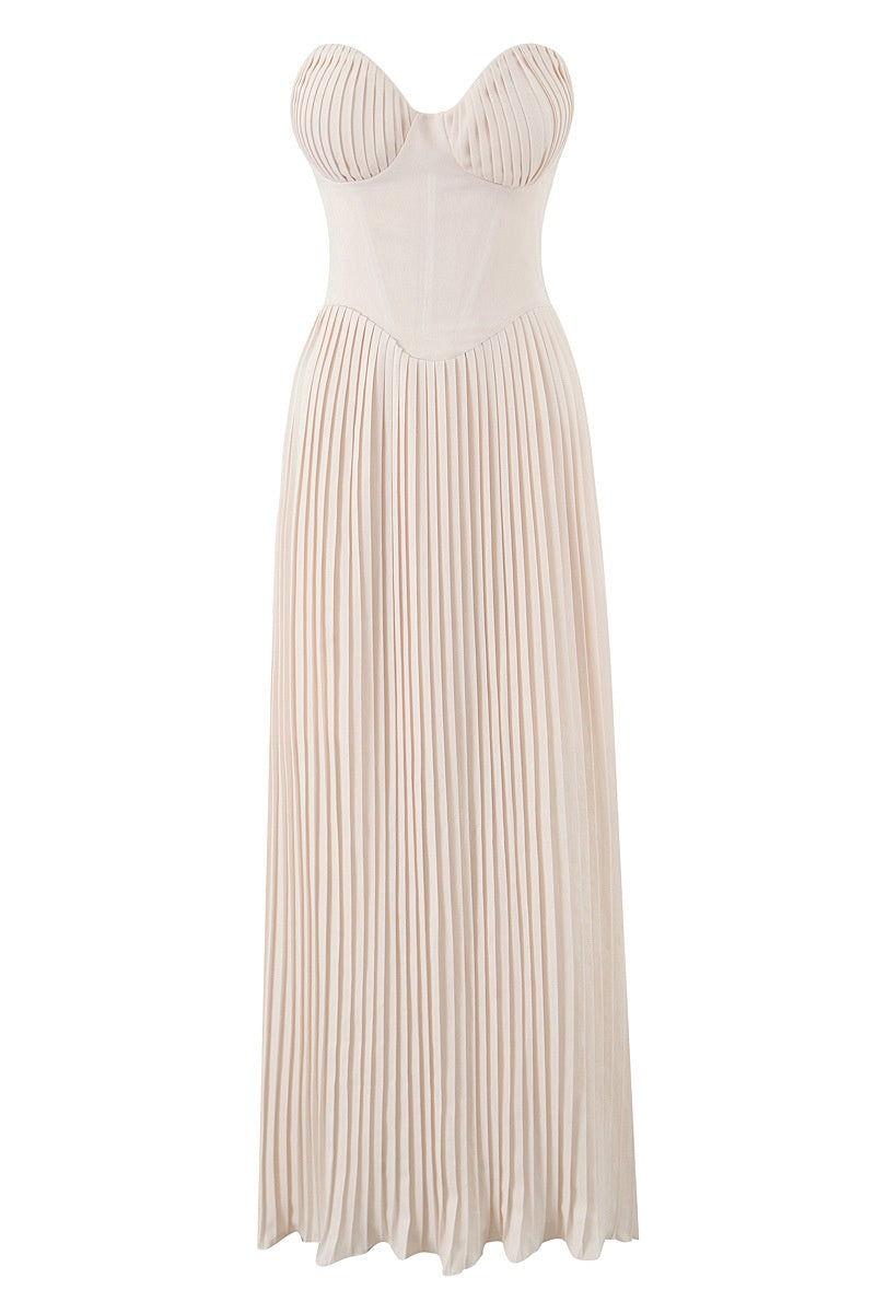 Beige Strapless Pleated Maxi Dress