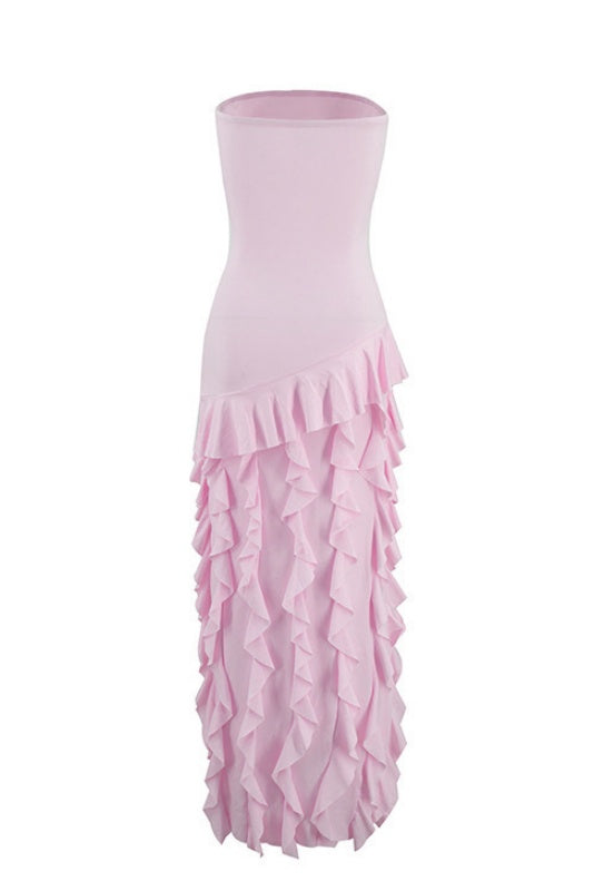 Pink Strapless Ruffle Slit Long Dress