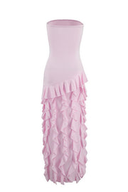 Pink Strapless Ruffle Slit Long Dress