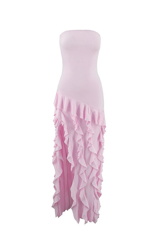 Pink Strapless Ruffle Slit Long Dress