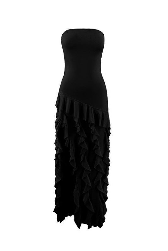 Pink Strapless Ruffle Slit Long Dress