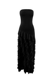 Pink Strapless Ruffle Slit Long Dress