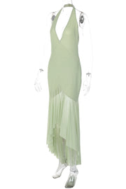 Halter Plunge Sage Fitted Maxi Dress