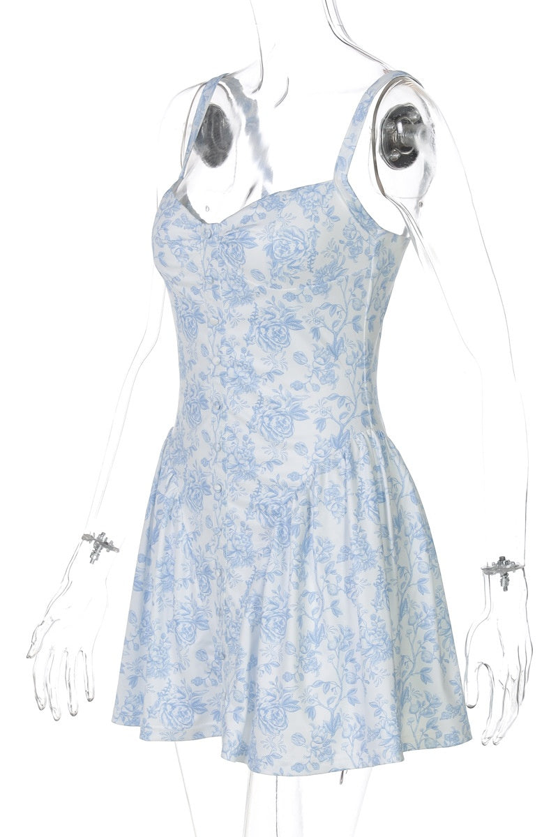 Blue Floral A-line Short Sundress