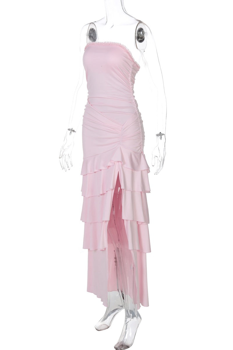 Strapless Pink Fitted Ruffle Dress