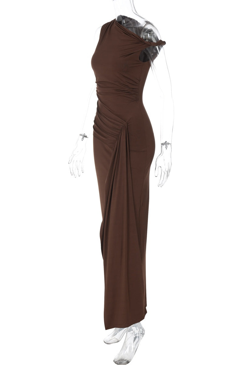 Asymmetric Neck Brown Fitted Dress