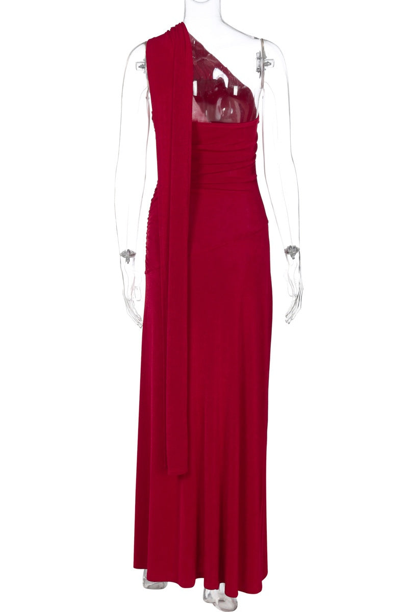 Red One Shoulder Fitted Maxi Dress