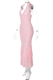 Halter Plunge Pink Fitted Ruffle Dress