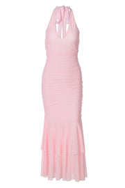 Halter Plunge Pink Fitted Ruffle Dress
