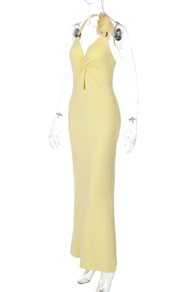 Twist Yellow Halter Fitted Dress