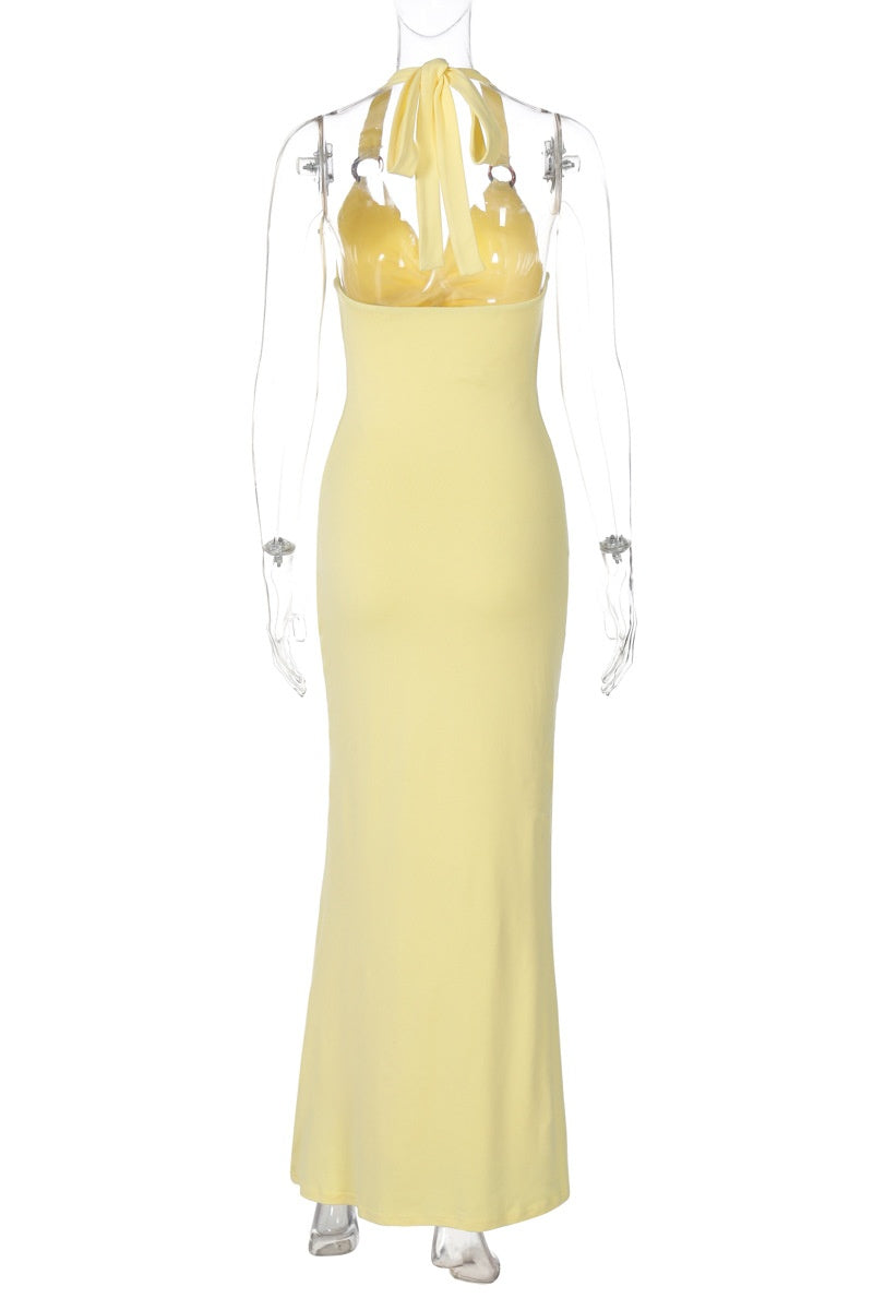 Twist Yellow Halter Fitted Dress