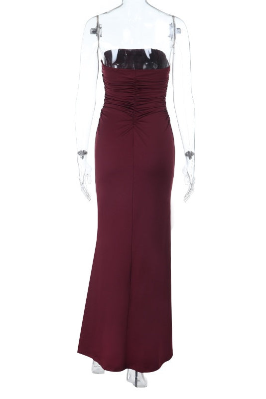 Strapless Burgundy Fitted Long Dress