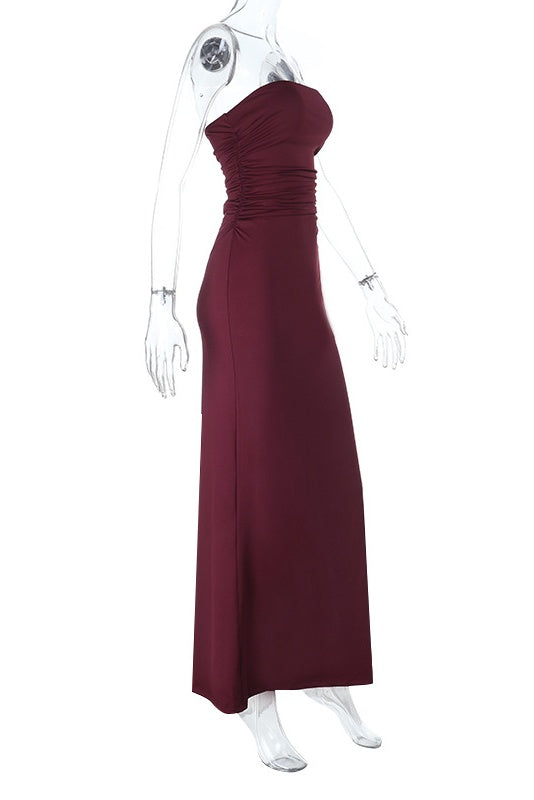 Strapless Burgundy Fitted Long Dress