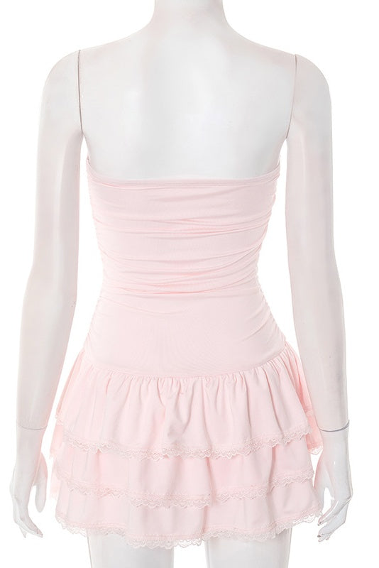 Pink Strapless Short Ruffle Dress