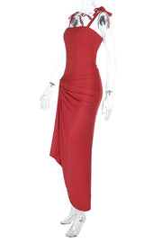 Red Tie Shoulder Ruched Party Dress