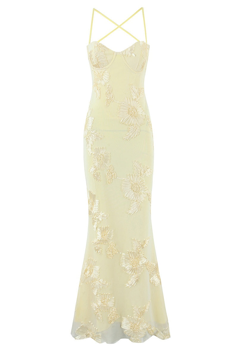 Yellow Embroidered A-line Straps Dress